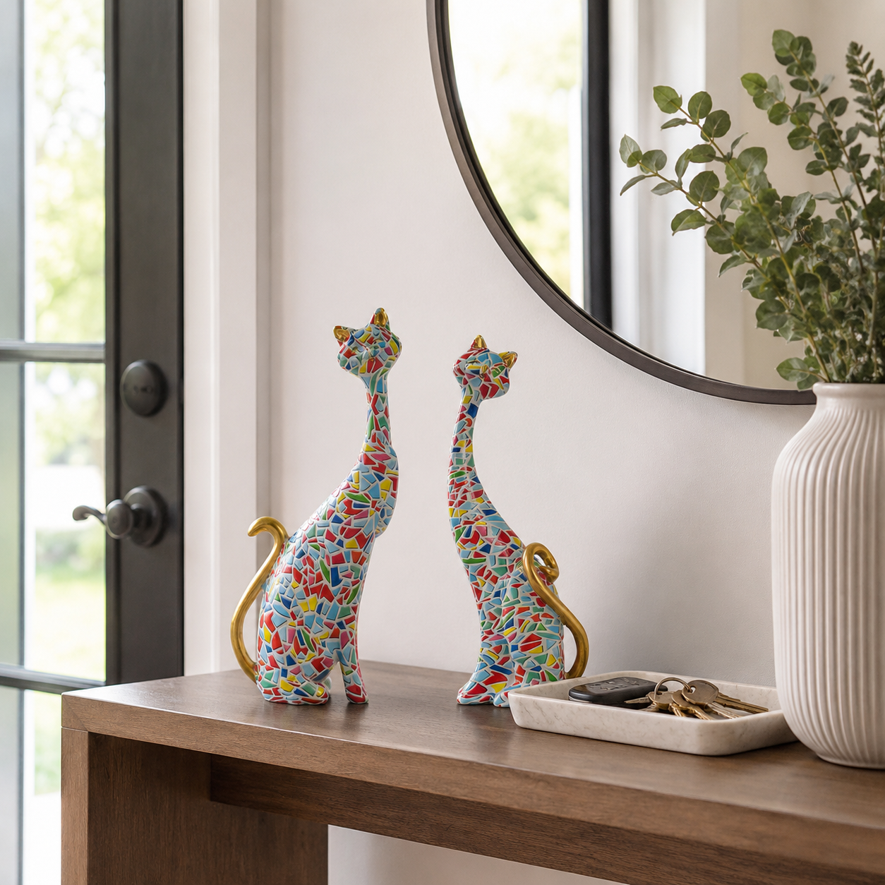 Colorful Mosaic Cat Figurines Set of 2