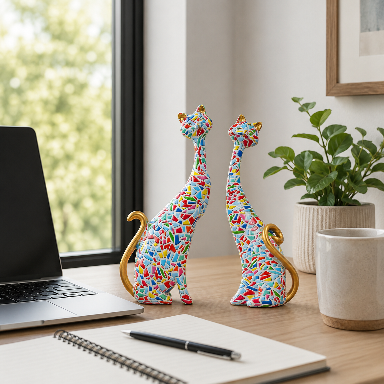 Colorful Mosaic Cat Figurines Set of 2