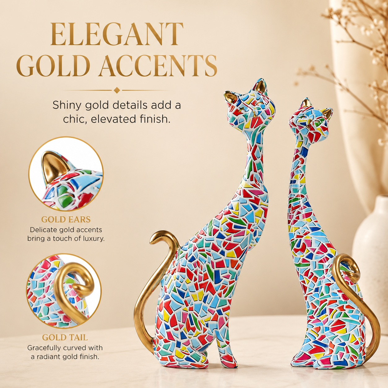 Colorful Mosaic Cat Figurines Set of 2