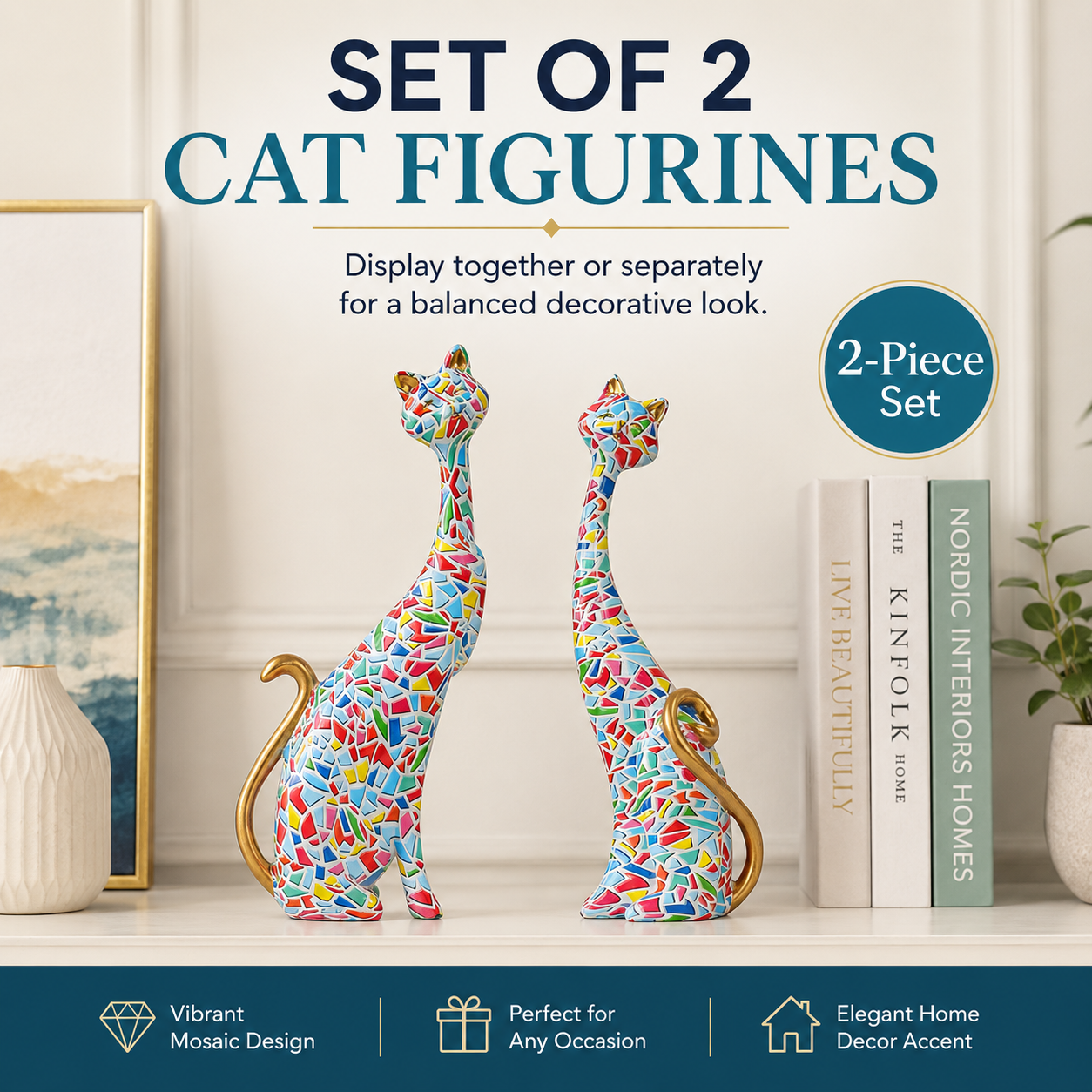 Colorful Mosaic Cat Figurines Set of 2