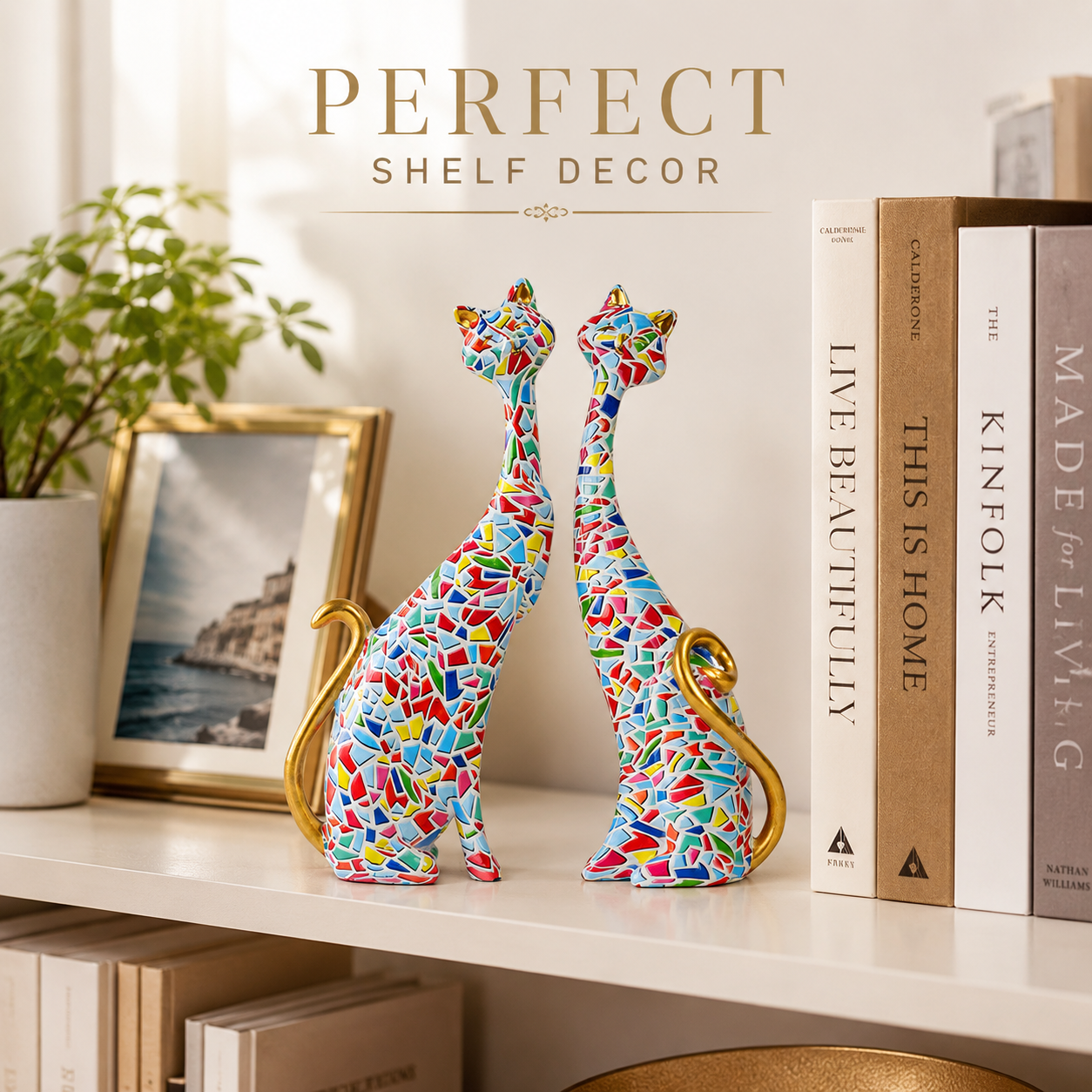 Colorful Mosaic Cat Figurines Set of 2