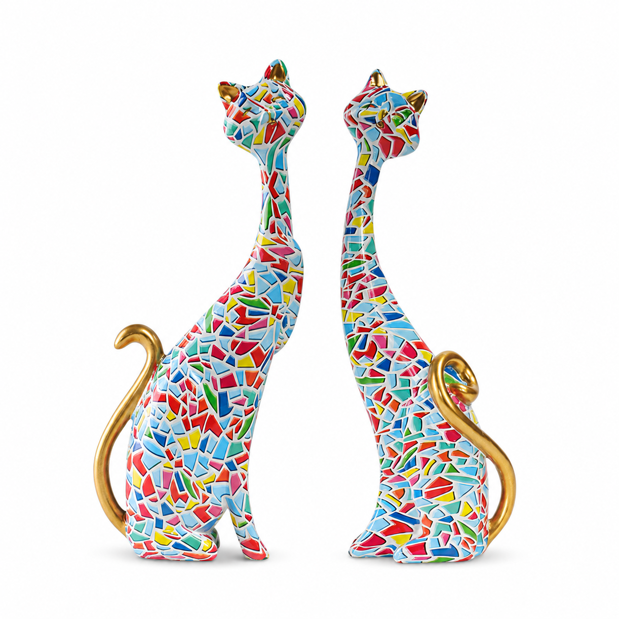 Colorful Mosaic Cat Figurines Set of 2