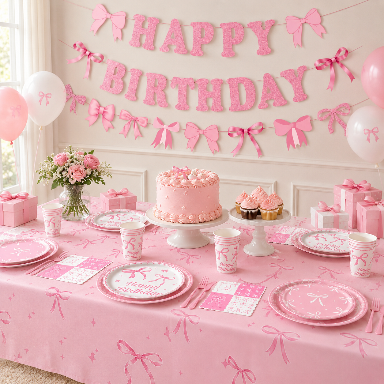 Pink Bow Birthday Party Tableware Set