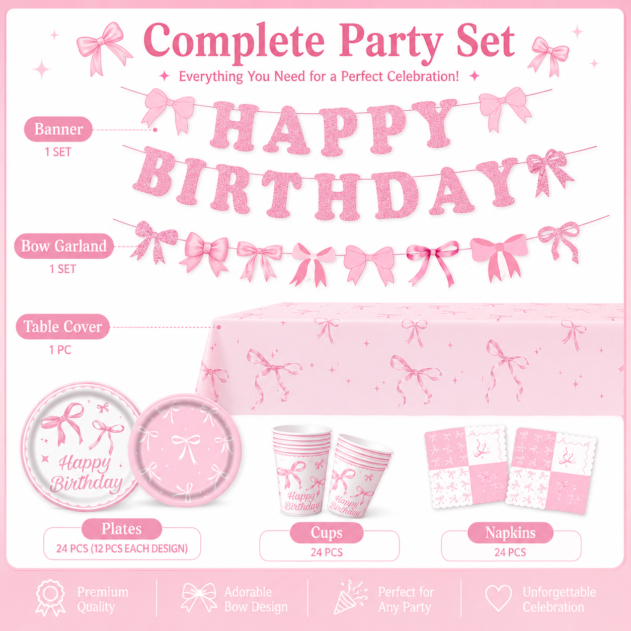 Pink Bow Birthday Party Tableware Set