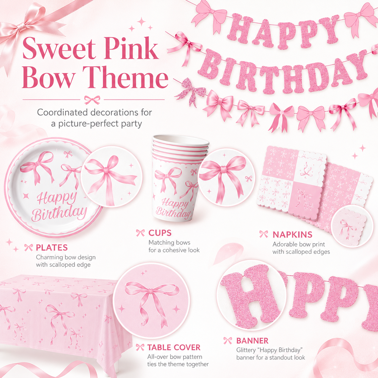 Pink Bow Birthday Party Tableware Set