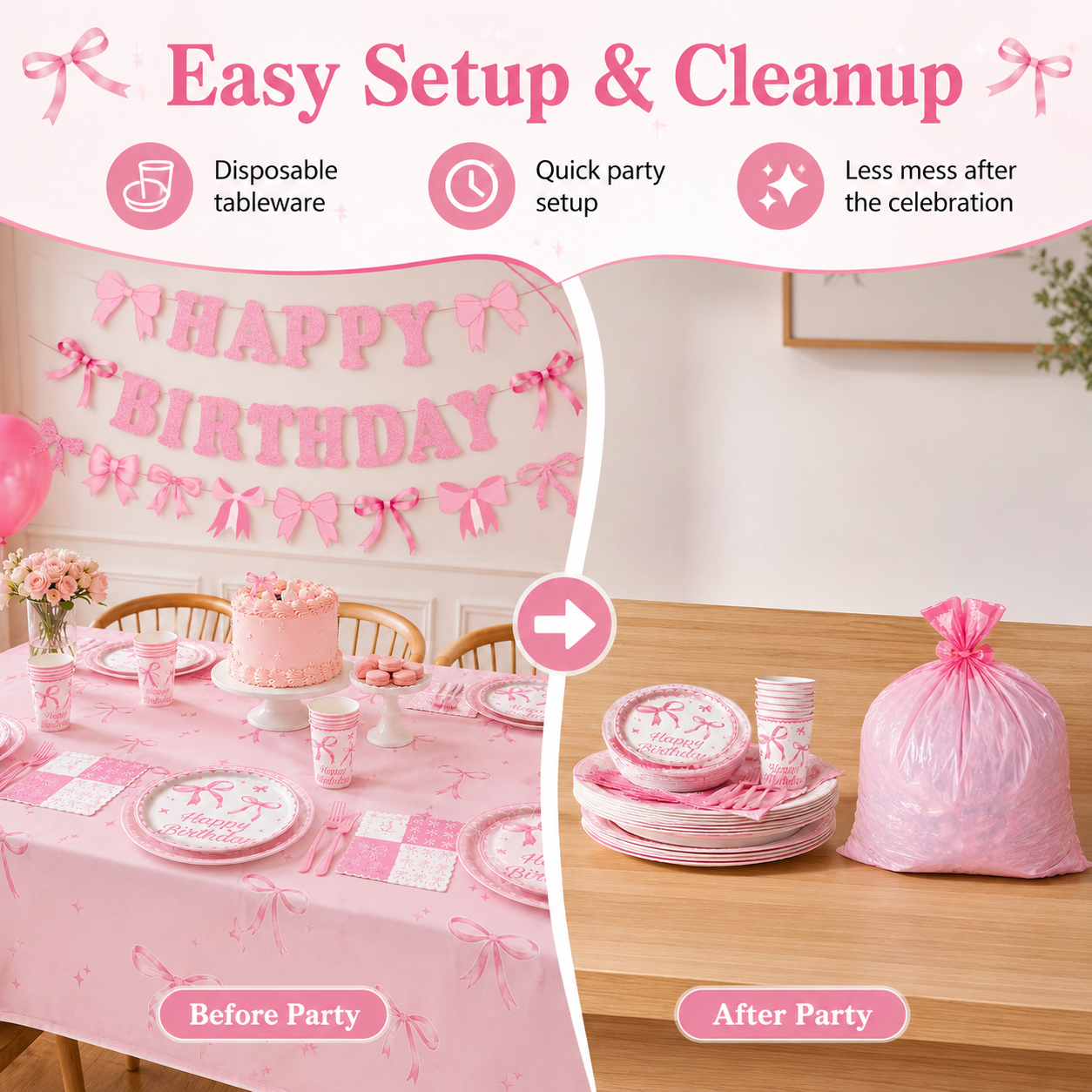 Pink Bow Birthday Party Tableware Set