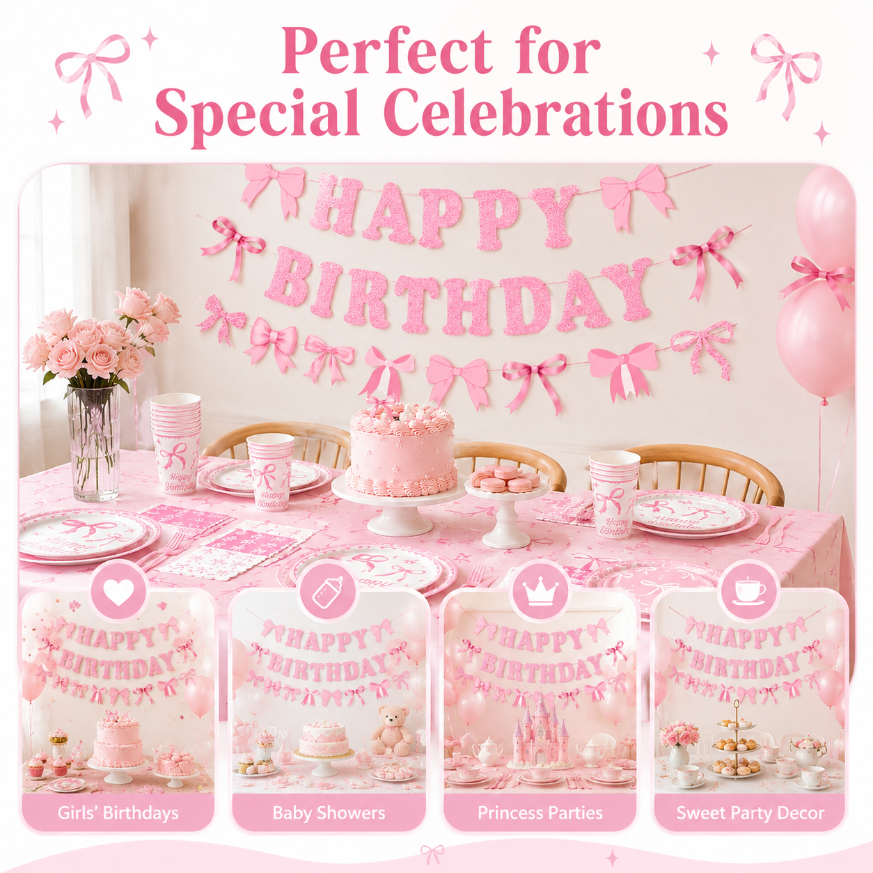 Pink Bow Birthday Party Tableware Set