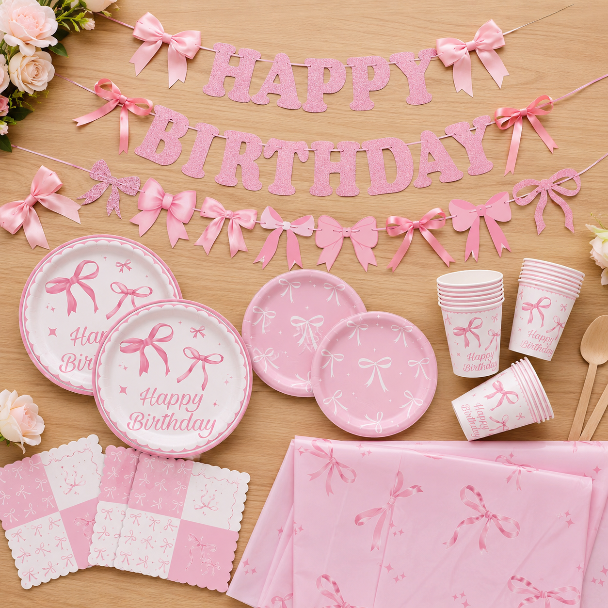 Pink Bow Birthday Party Tableware Set
