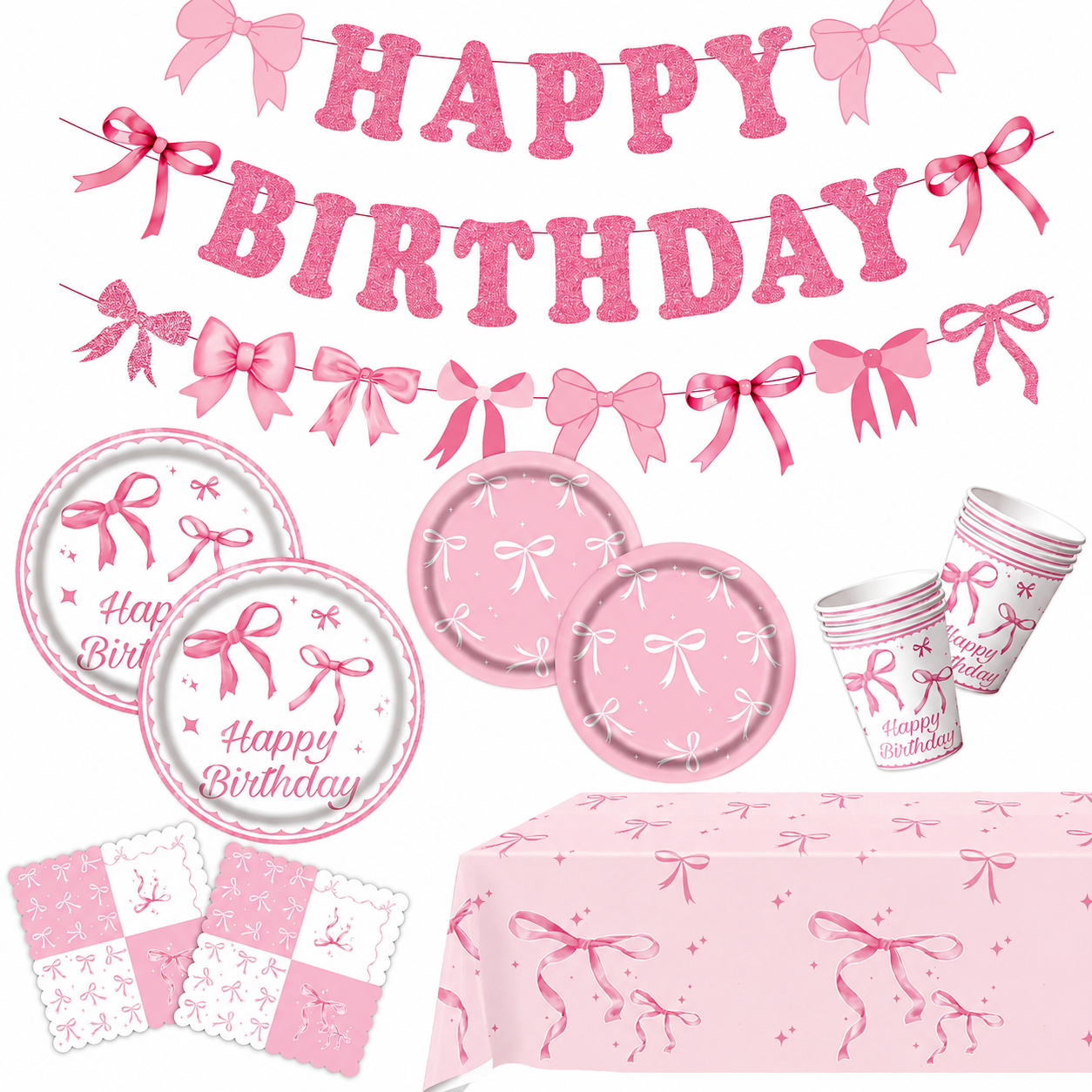 Pink Bow Birthday Party Tableware Set