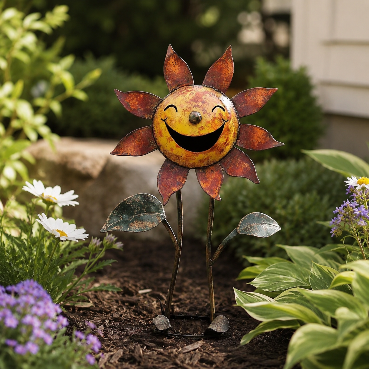 Smiling Metal Sunflower Garden Stake Decor