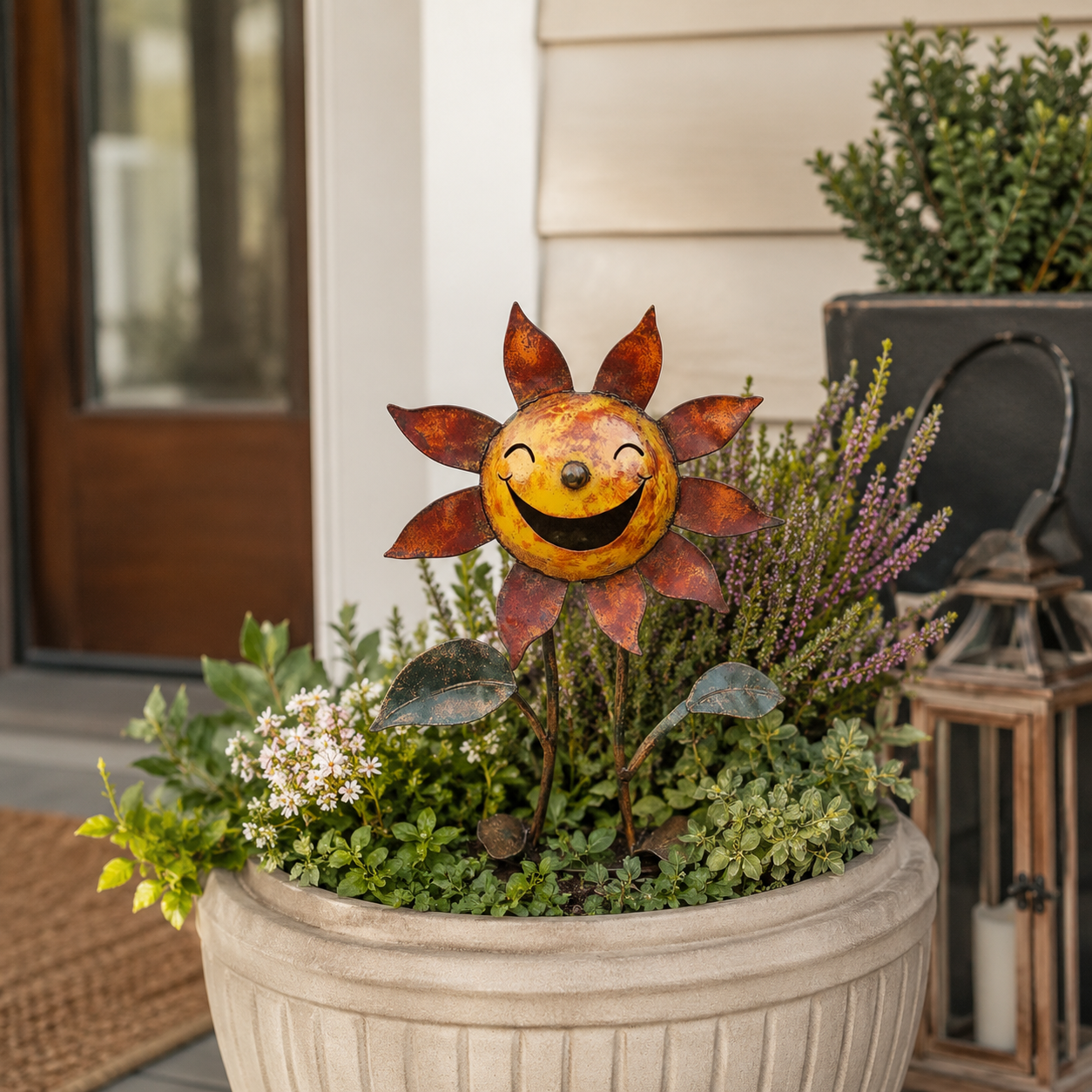 Smiling Metal Sunflower Garden Stake Decor