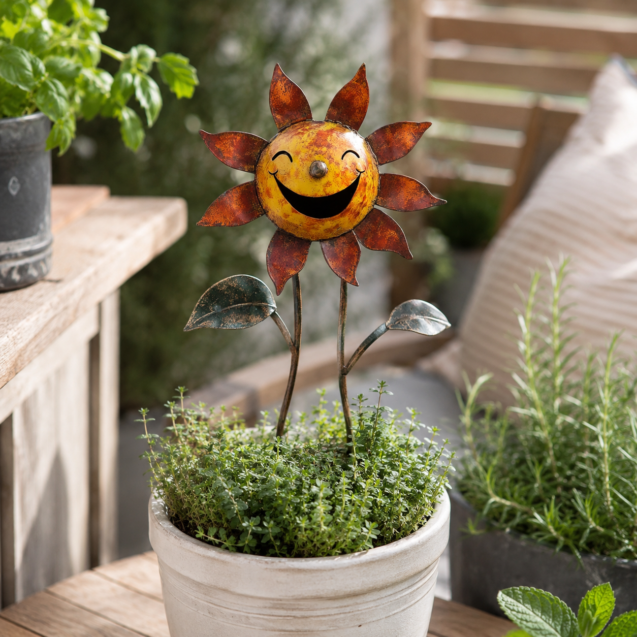 Smiling Metal Sunflower Garden Stake Decor