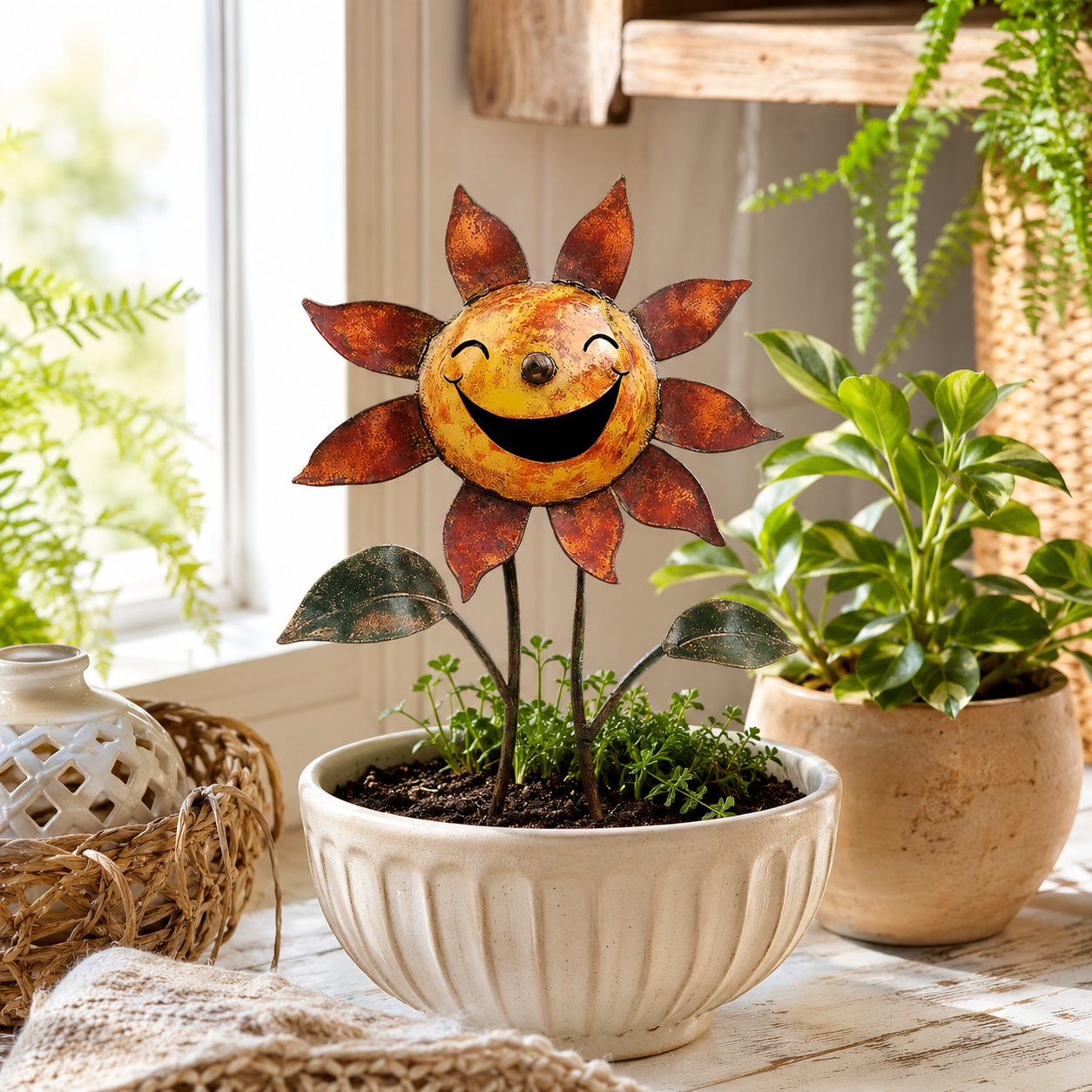 Smiling Metal Sunflower Garden Stake Decor