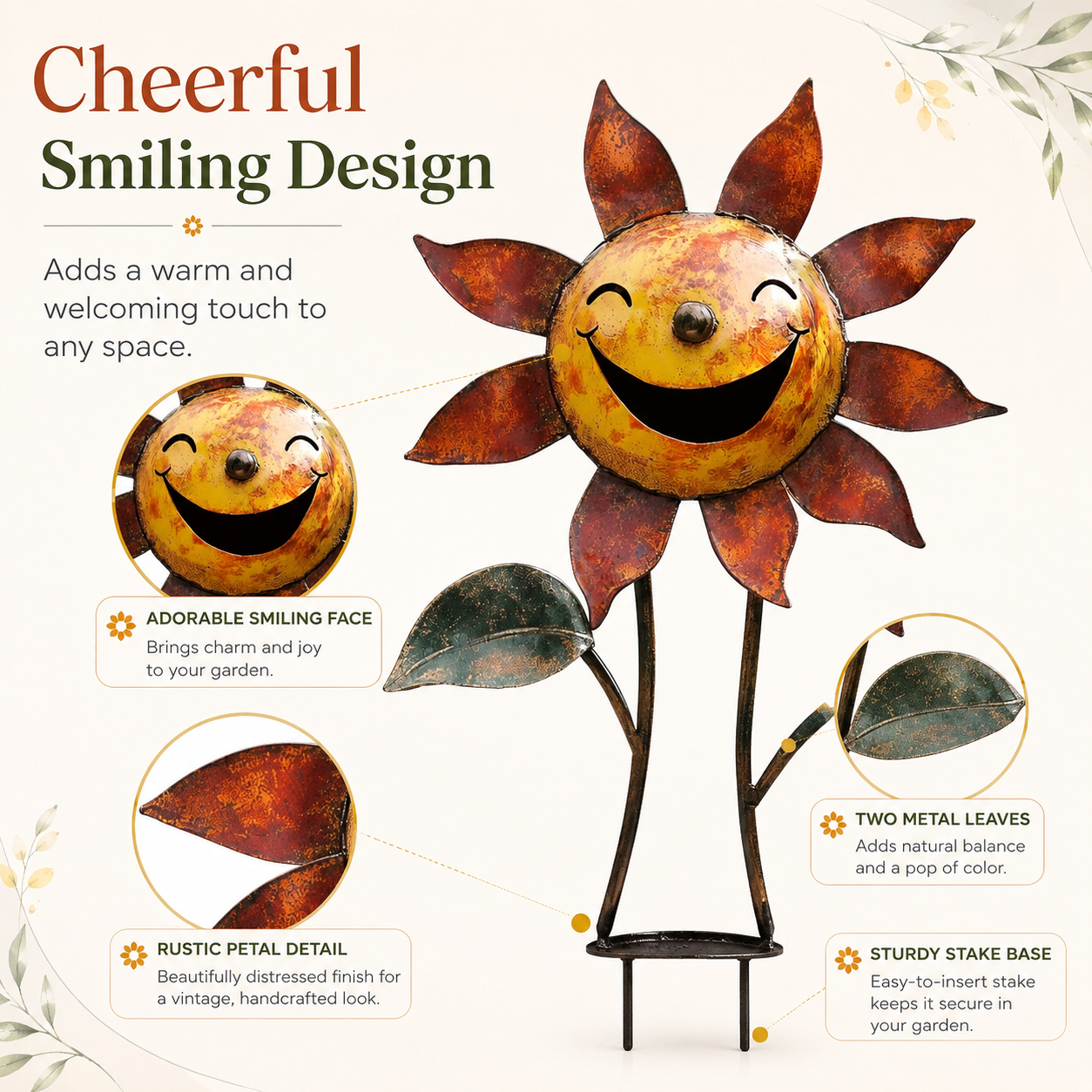 Smiling Metal Sunflower Garden Stake Decor
