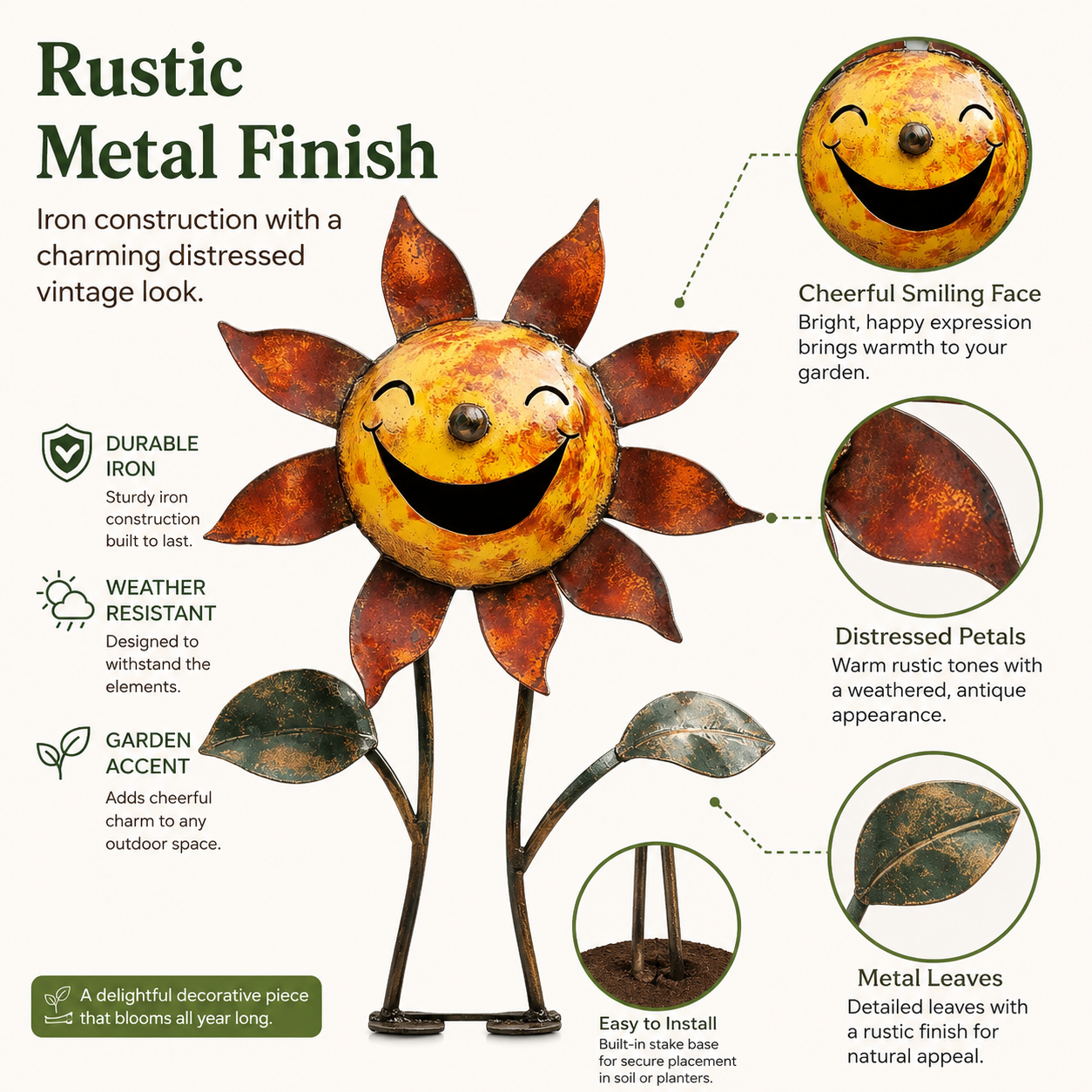 Smiling Metal Sunflower Garden Stake Decor