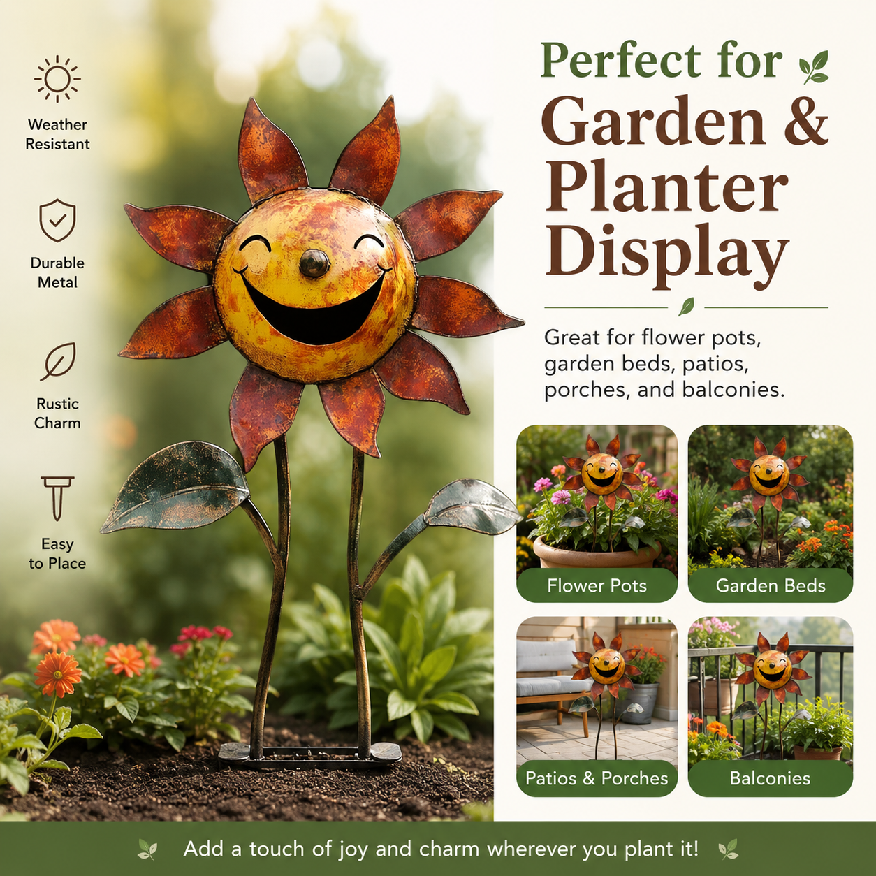 Smiling Metal Sunflower Garden Stake Decor