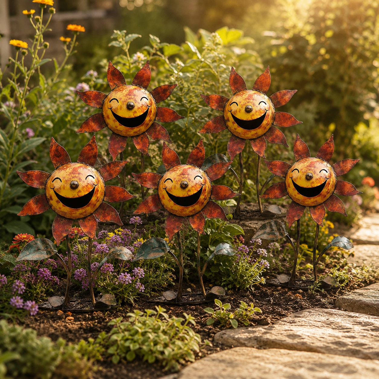 Smiling Metal Sunflower Garden Stake Decor
