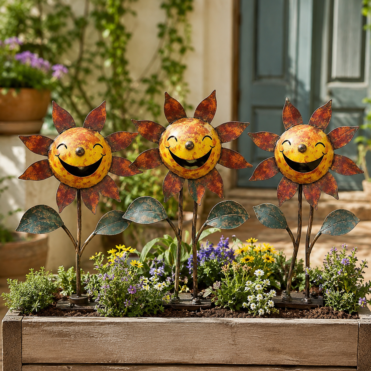 Smiling Metal Sunflower Garden Stake Decor