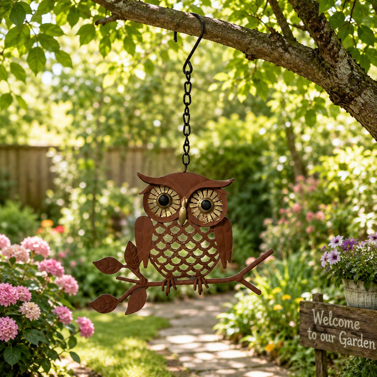 Rustic Hanging Metal Owl Garden Decor