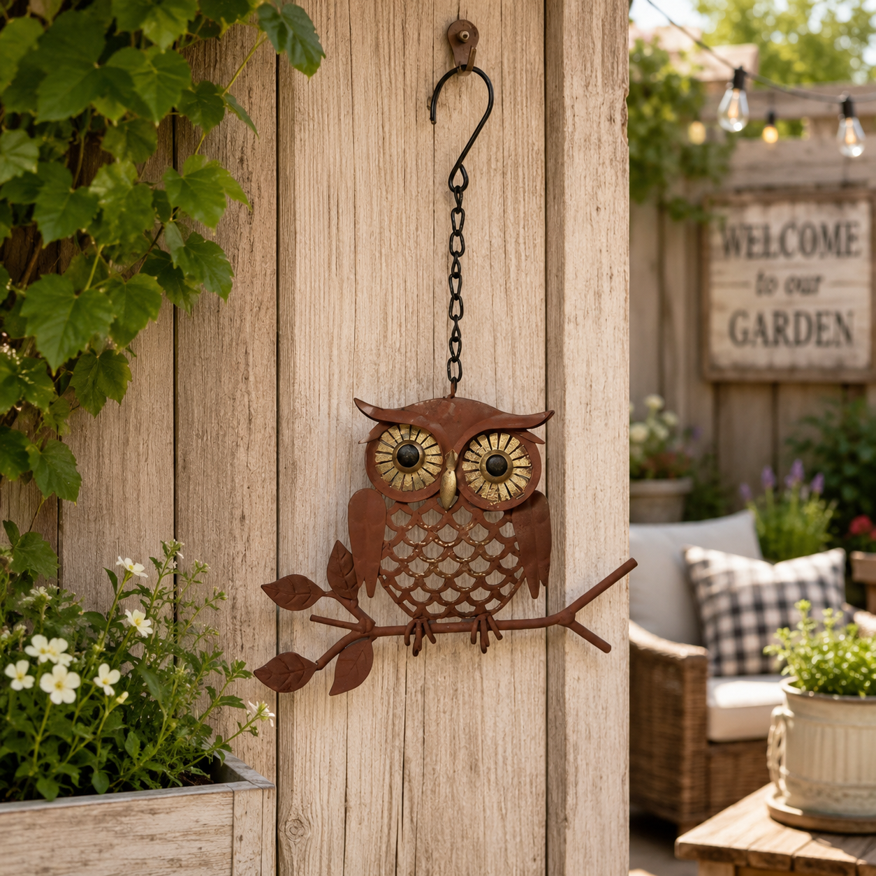 Rustic Hanging Metal Owl Garden Decor