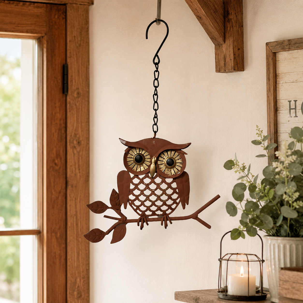 Rustic Hanging Metal Owl Garden Decor