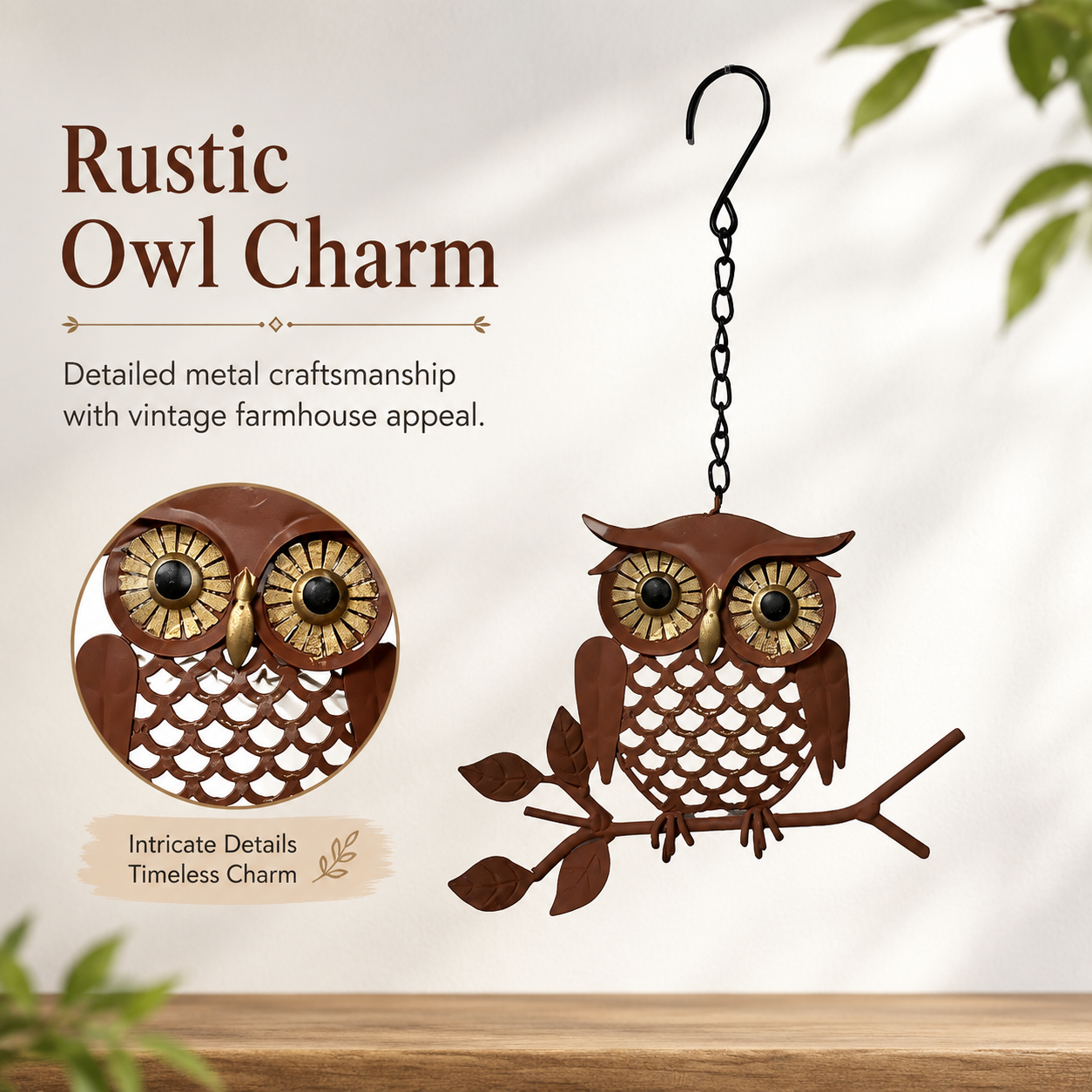 Rustic Hanging Metal Owl Garden Decor