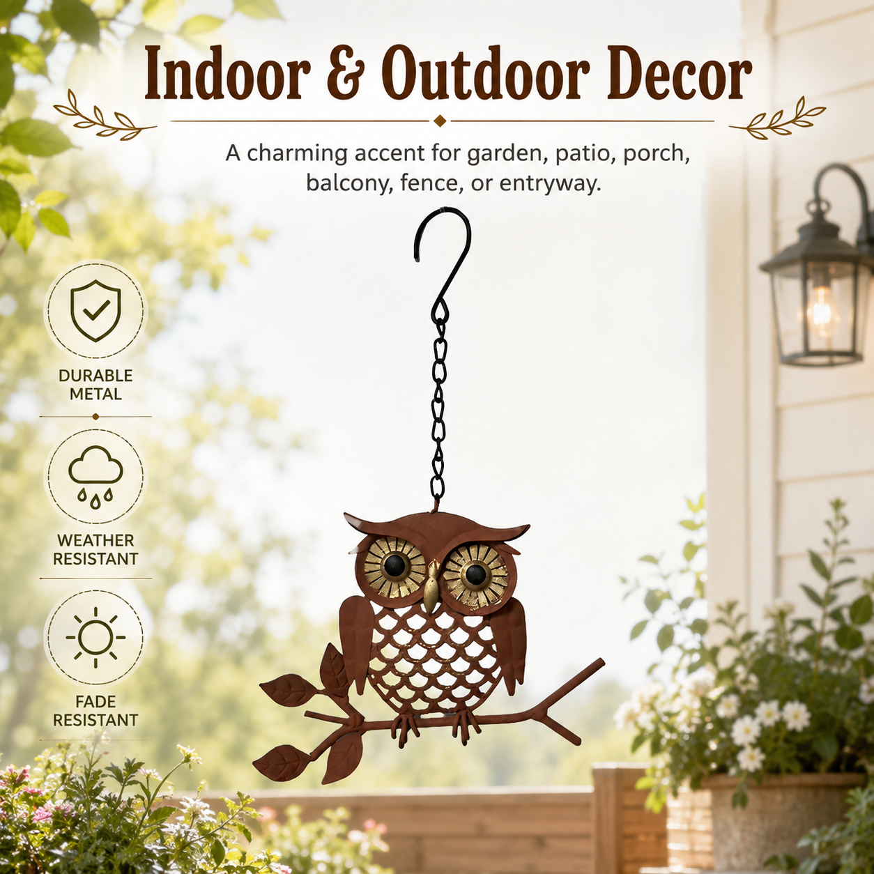 Rustic Hanging Metal Owl Garden Decor