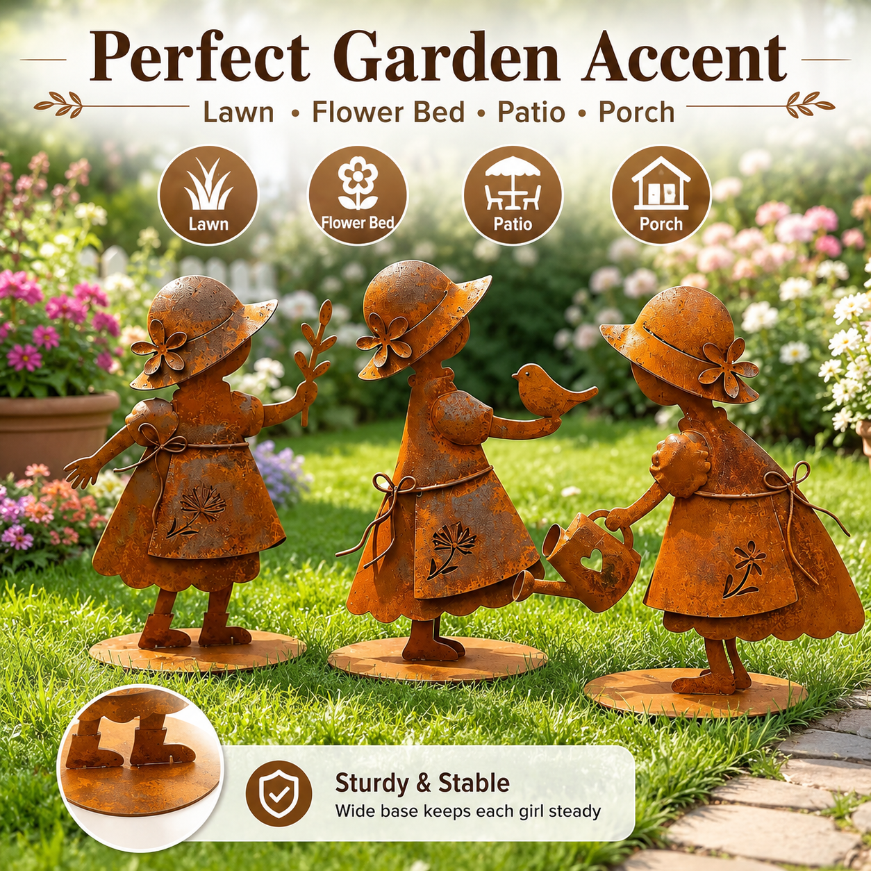 Rustic Metal Garden Girl Statue