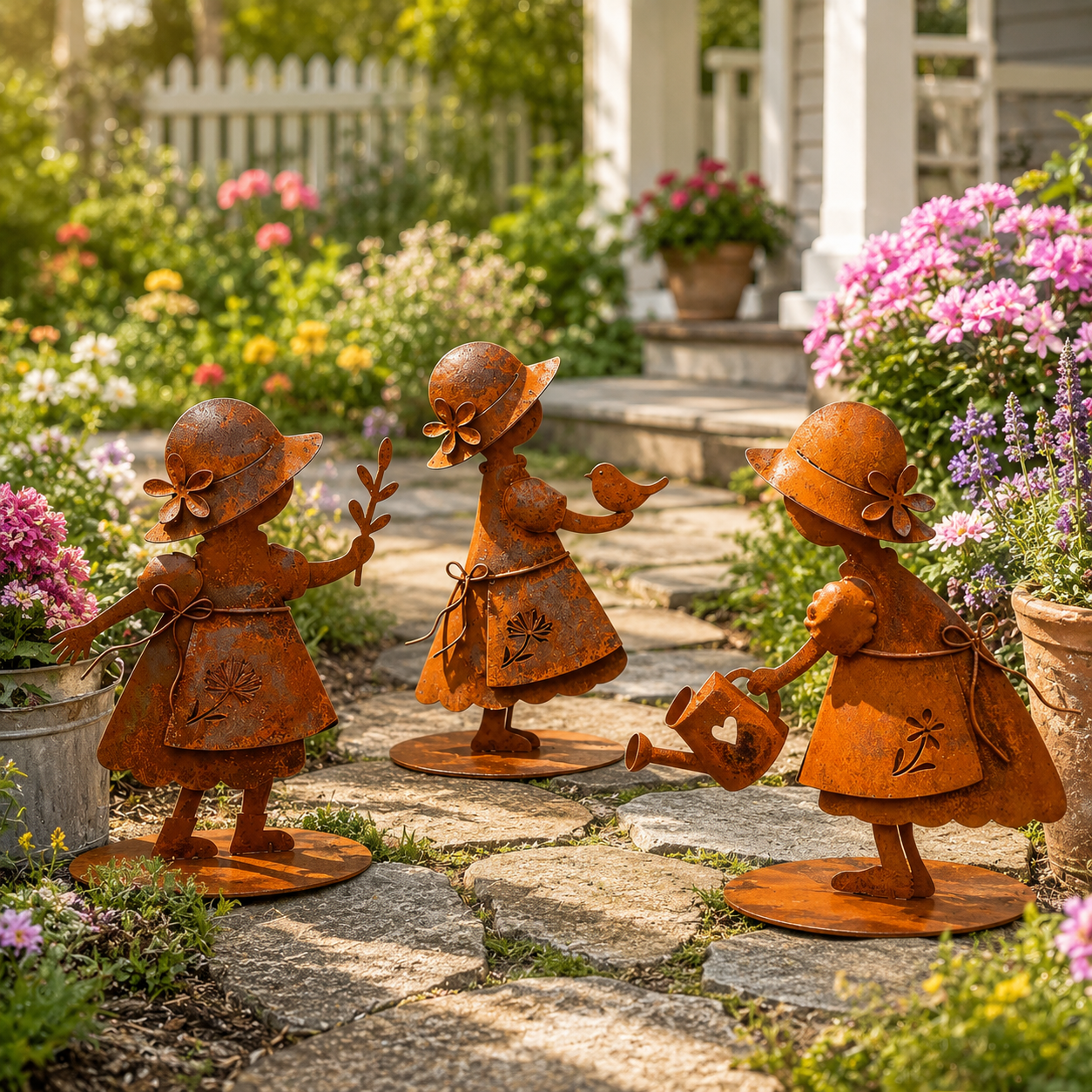 Rustic Metal Garden Girl Statue