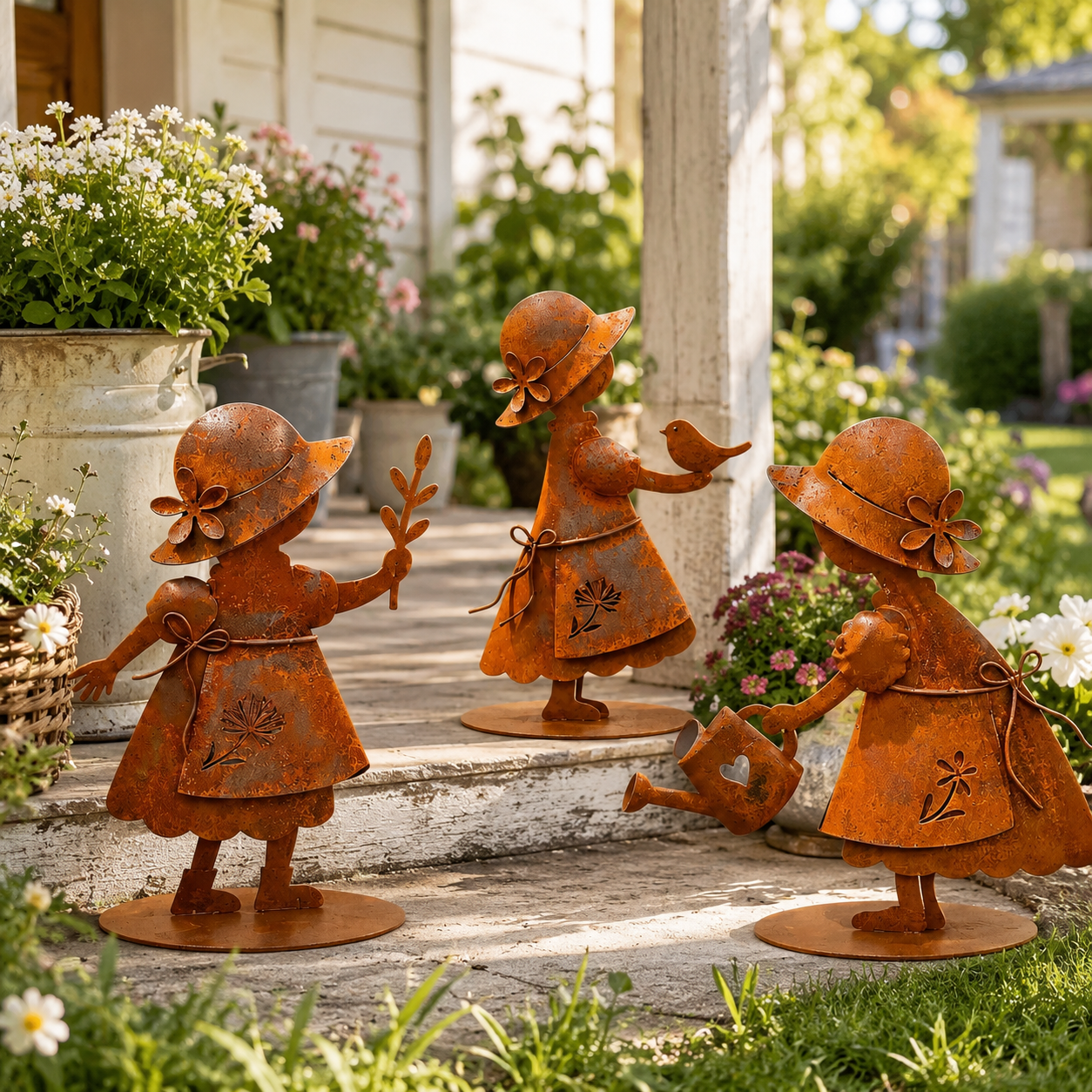 Rustic Metal Garden Girl Statue