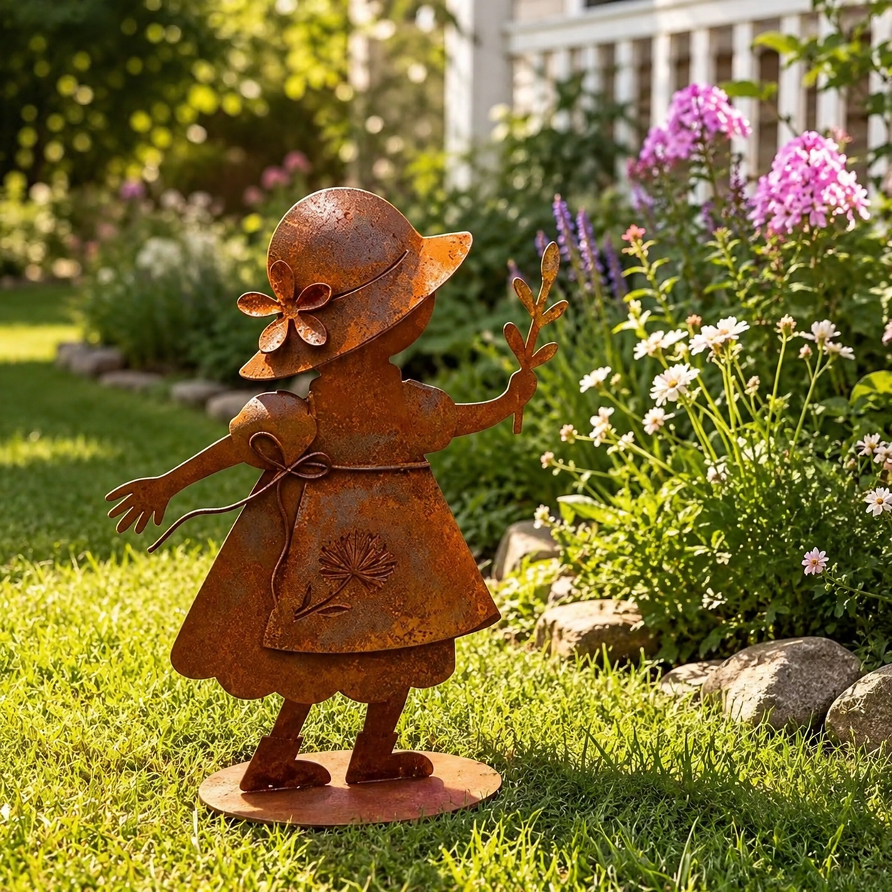 Rustic Metal Garden Girl Statue