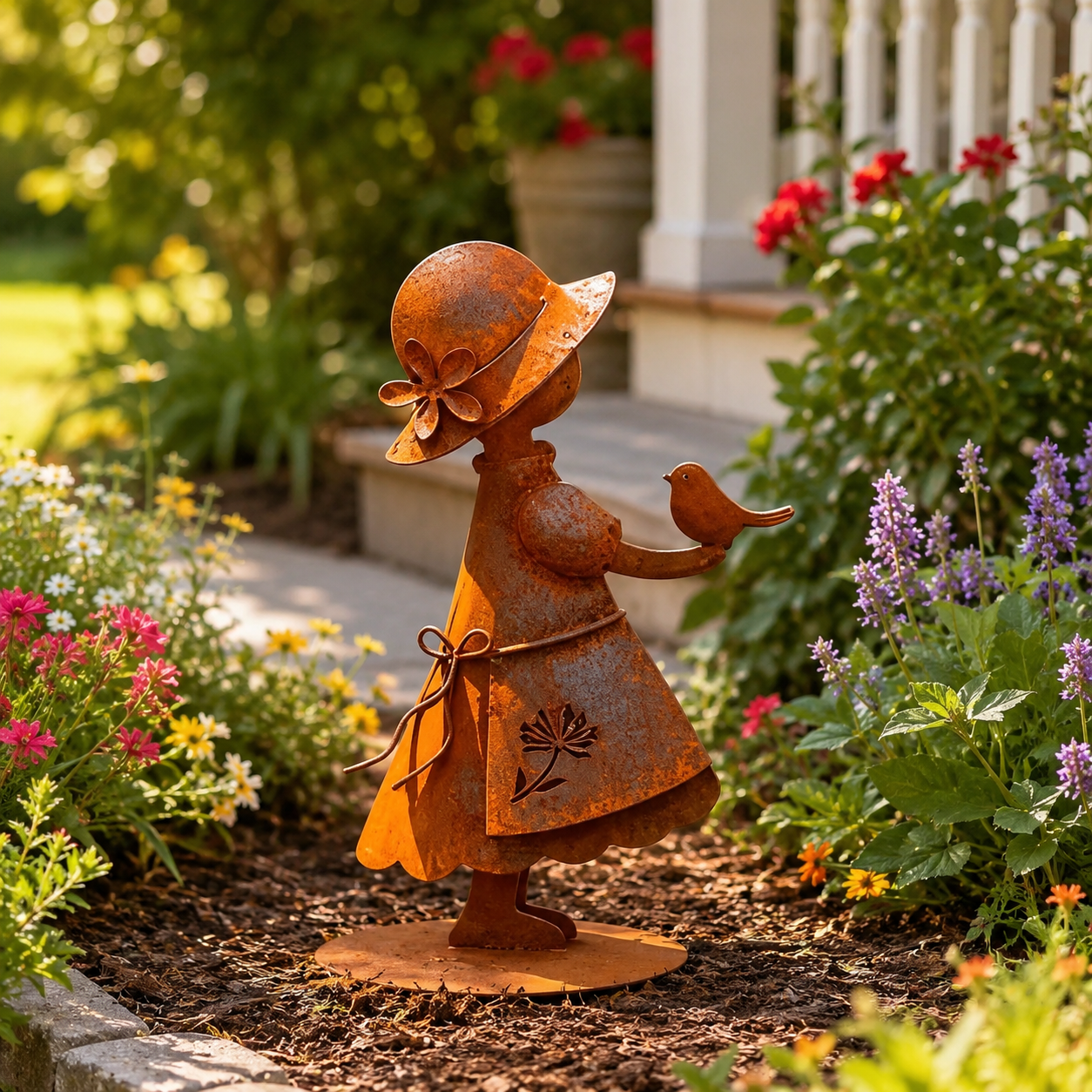 Rustic Metal Garden Girl Statue