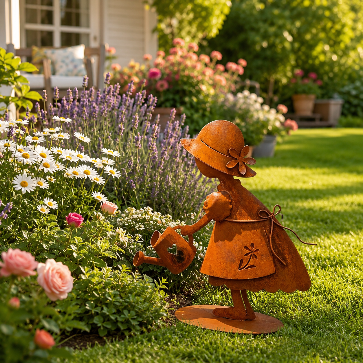 Rustic Metal Garden Girl Statue