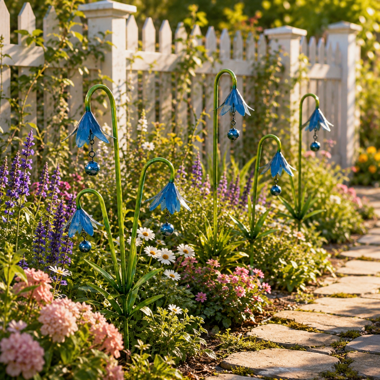Blue Metal Flower Garden Stakes for Outdoor Yard Decor