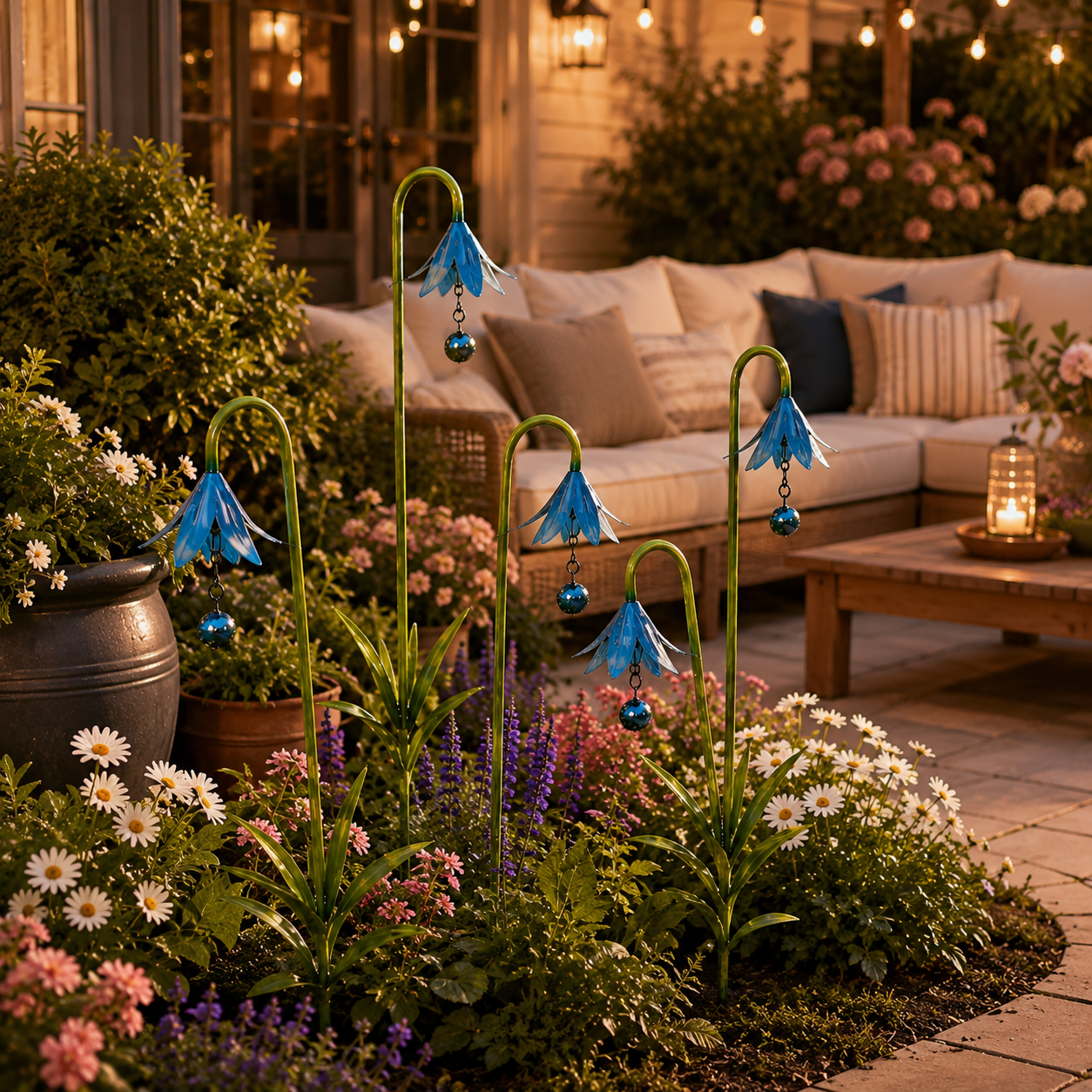 Blue Metal Flower Garden Stakes for Outdoor Yard Decor