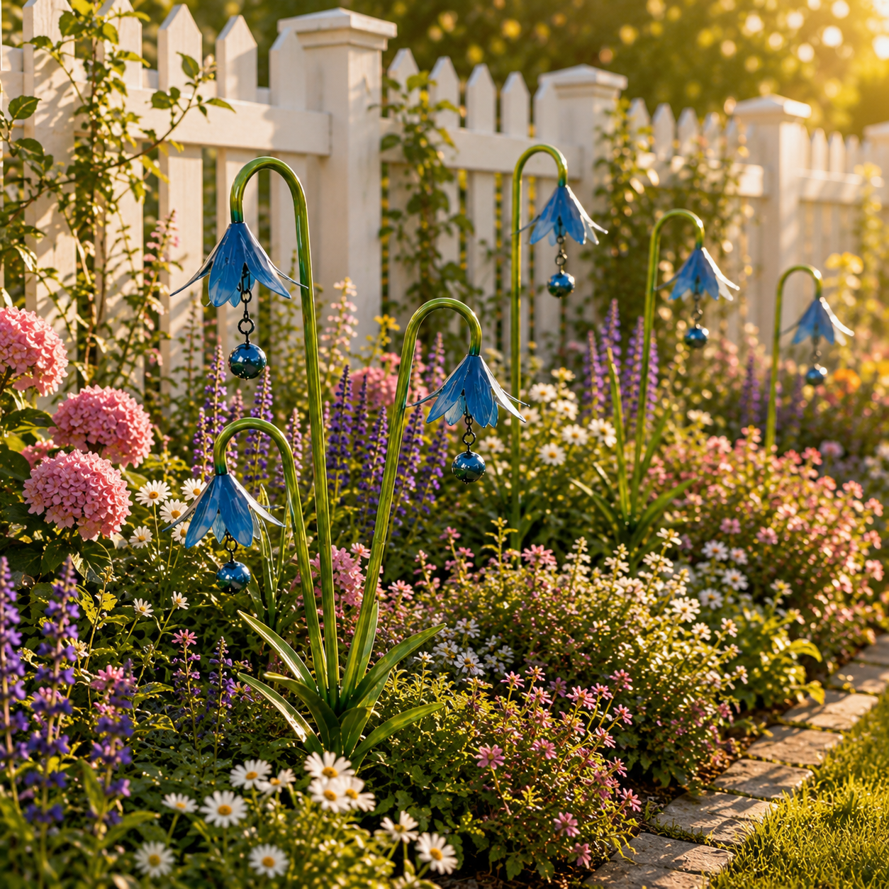 Blue Metal Flower Garden Stakes for Outdoor Yard Decor