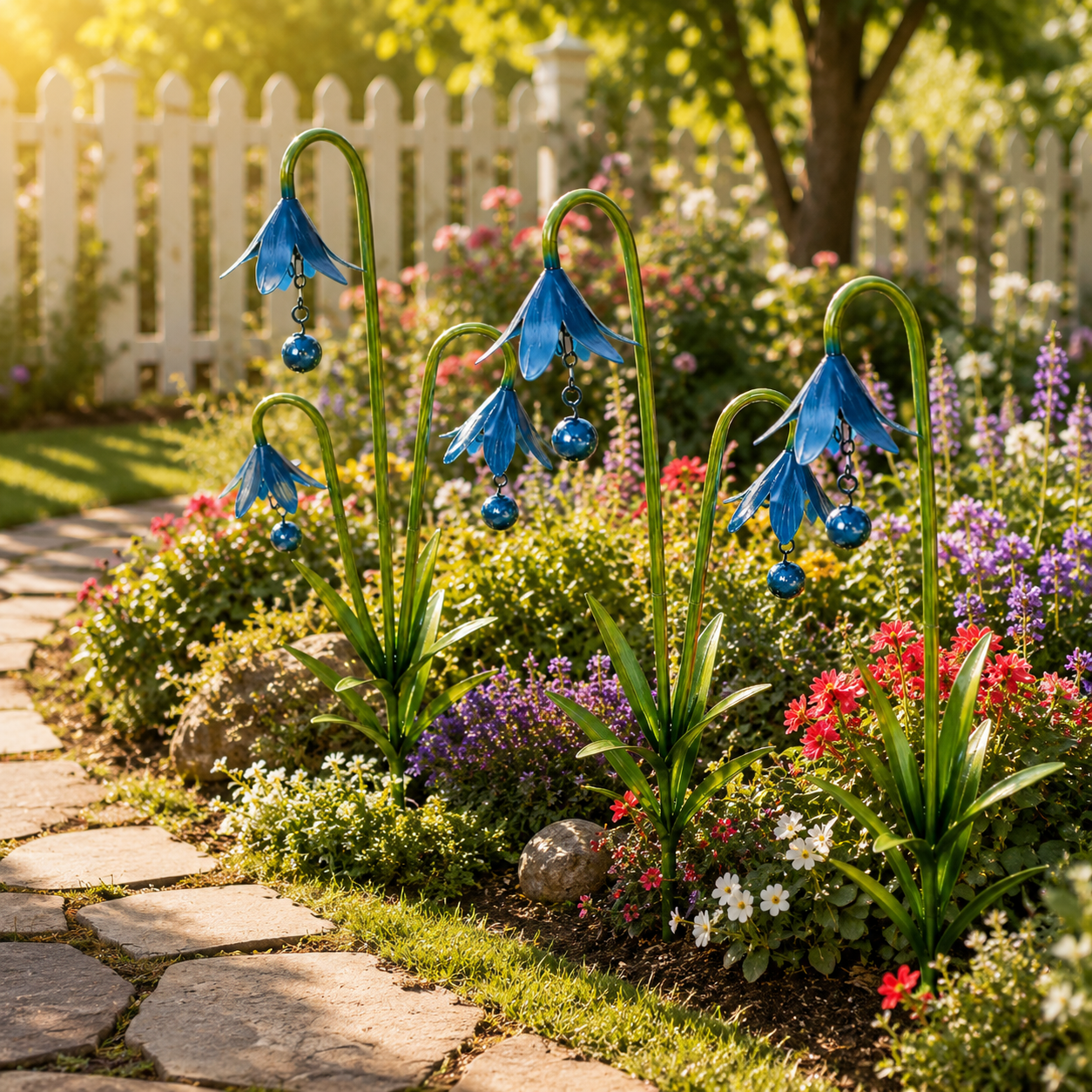 Blue Metal Flower Garden Stakes for Outdoor Yard Decor
