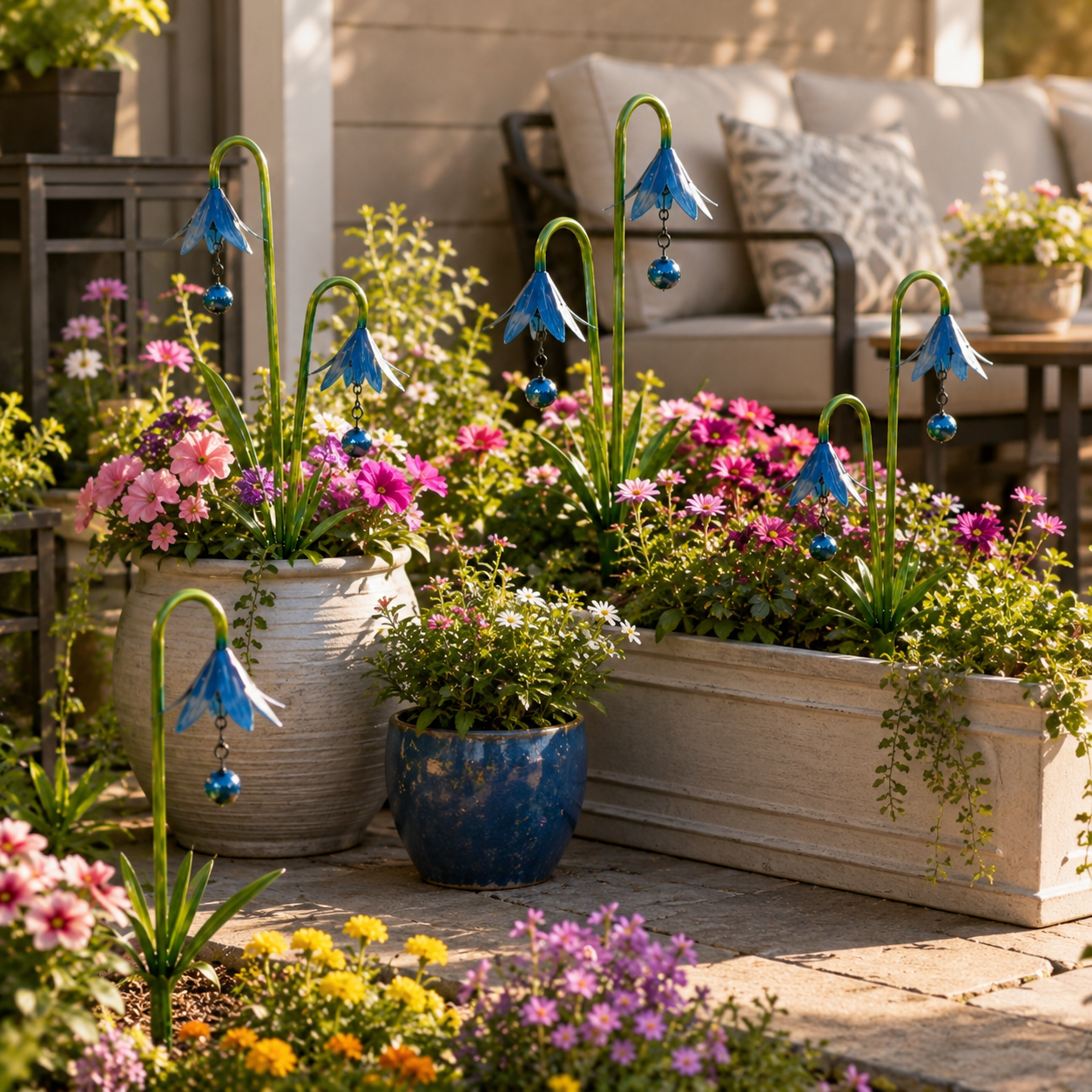 Blue Metal Flower Garden Stakes for Outdoor Yard Decor