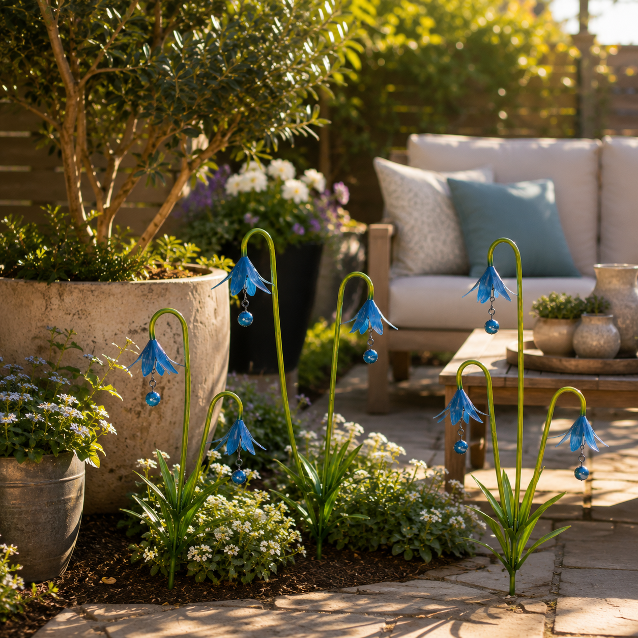 Blue Metal Flower Garden Stakes for Outdoor Yard Decor