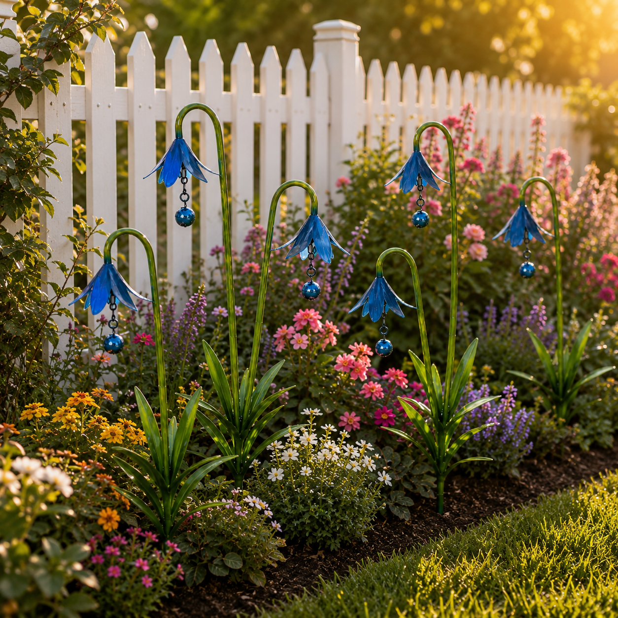 Blue Metal Flower Garden Stakes for Outdoor Yard Decor