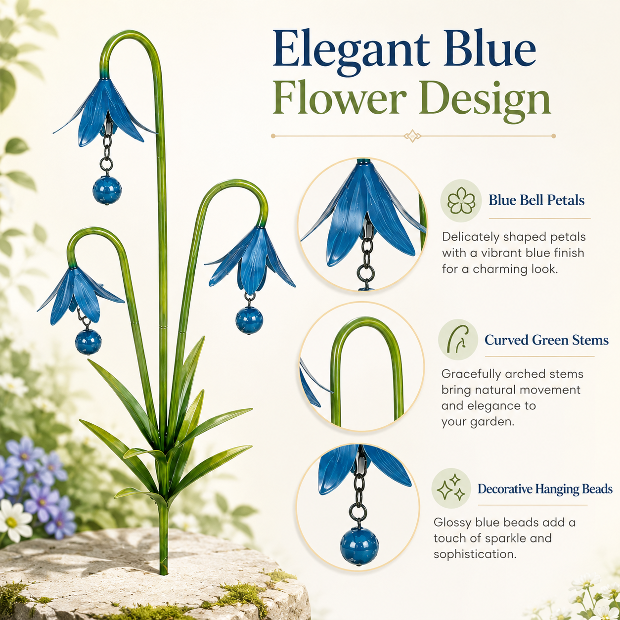 Blue Metal Flower Garden Stakes for Outdoor Yard Decor