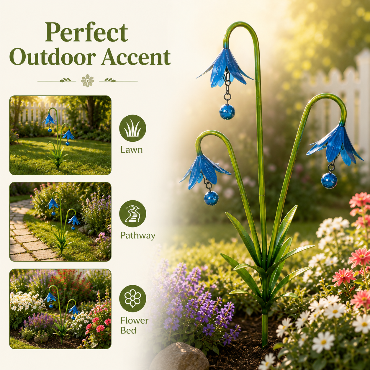 Blue Metal Flower Garden Stakes for Outdoor Yard Decor
