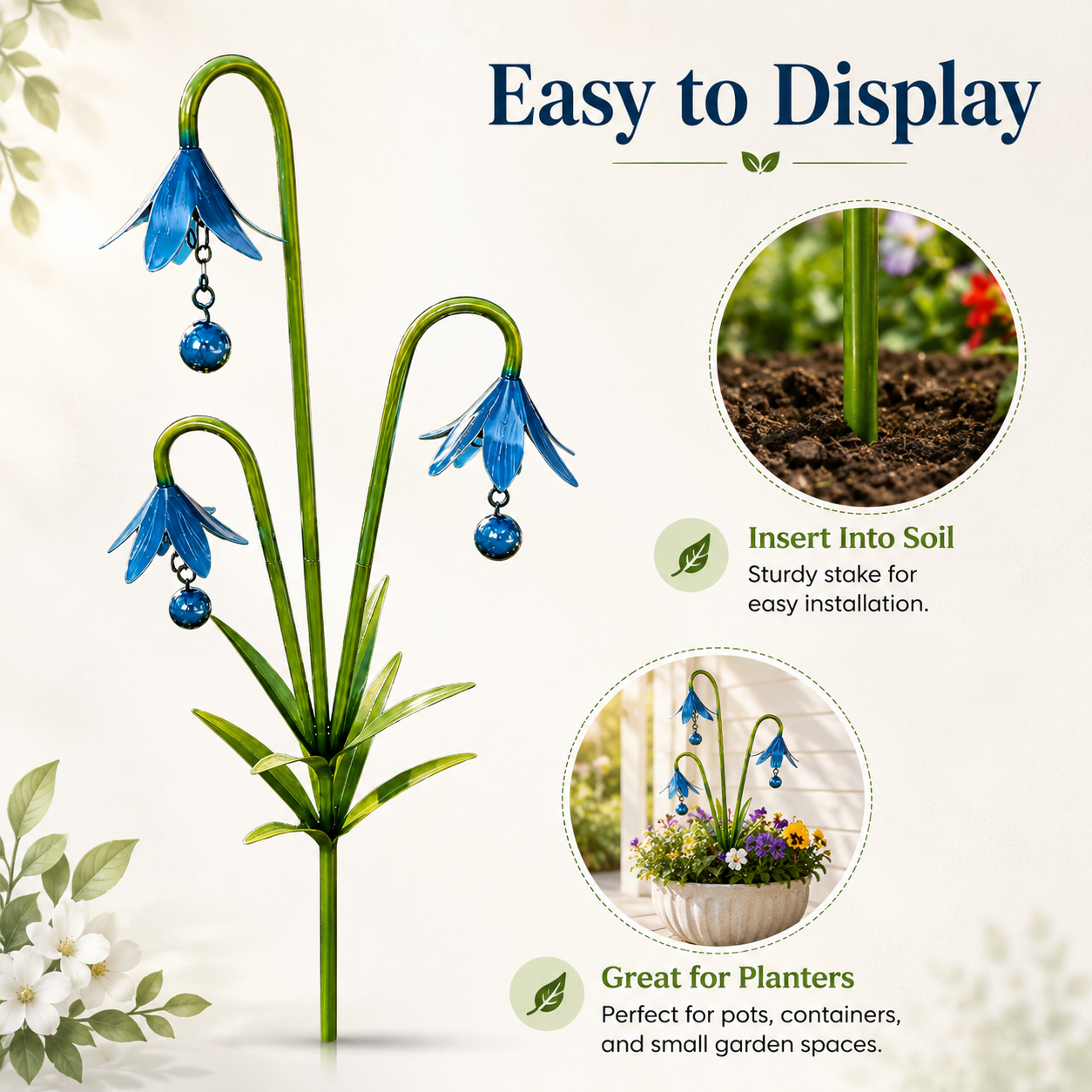 Blue Metal Flower Garden Stakes for Outdoor Yard Decor
