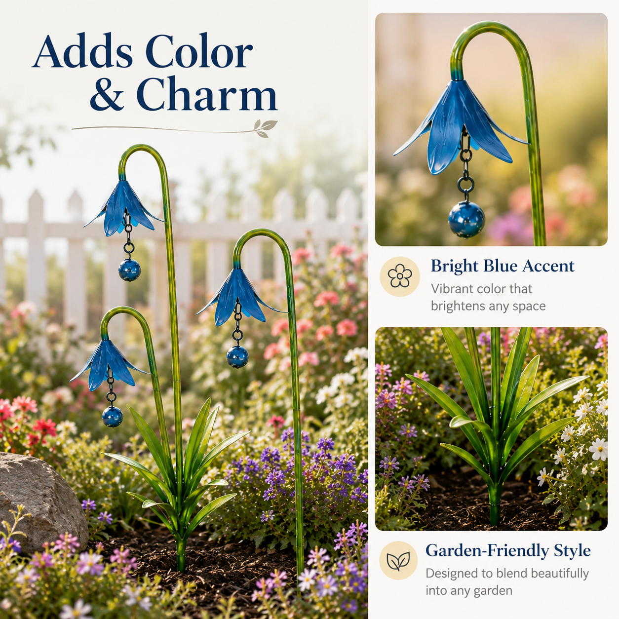 Blue Metal Flower Garden Stakes for Outdoor Yard Decor