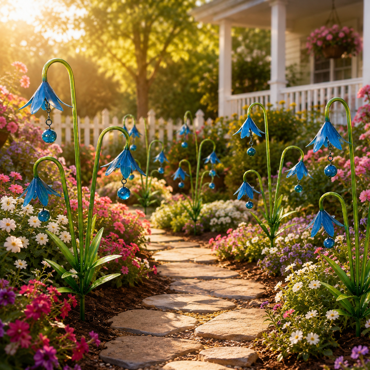 Blue Metal Flower Garden Stakes for Outdoor Yard Decor