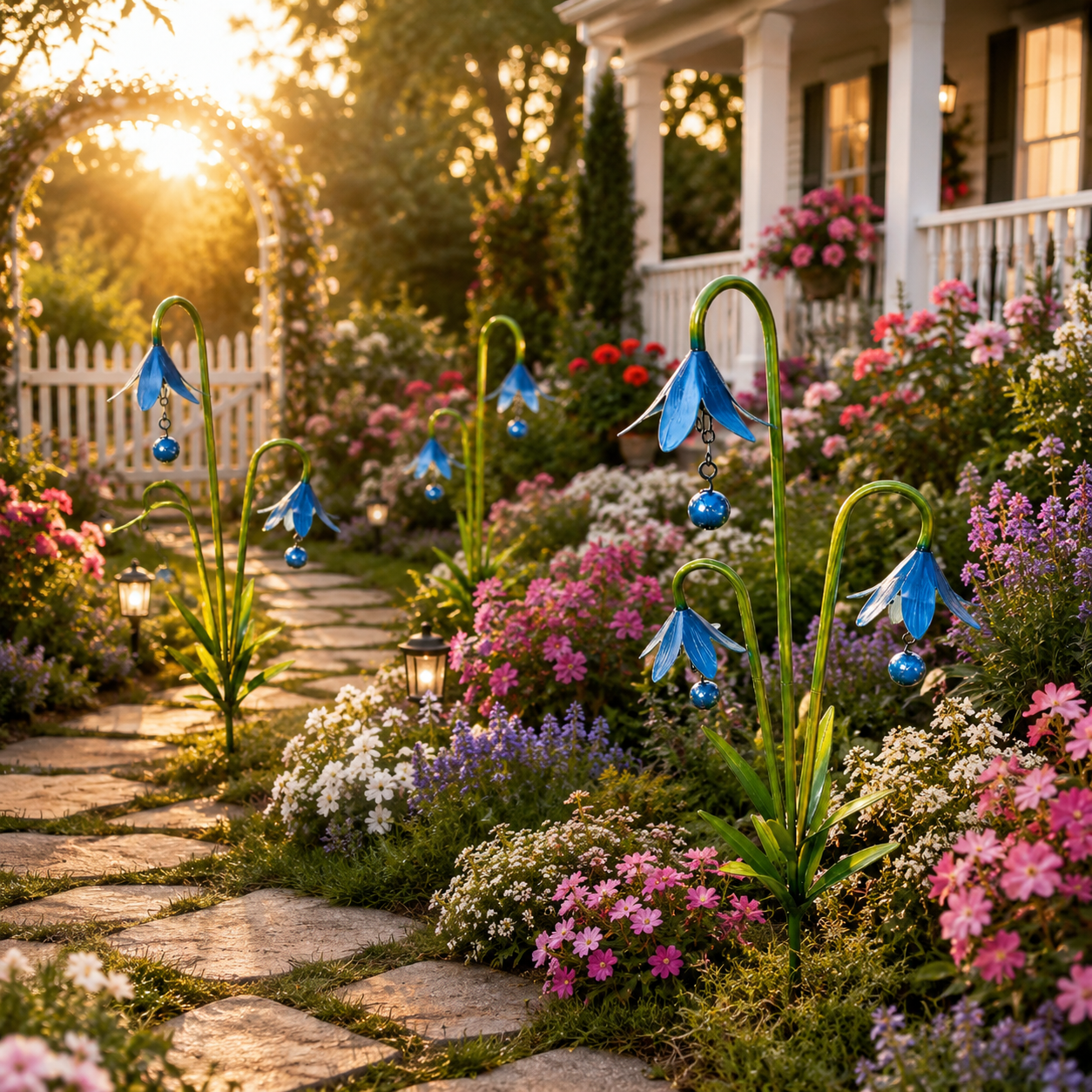 Blue Metal Flower Garden Stakes for Outdoor Yard Decor