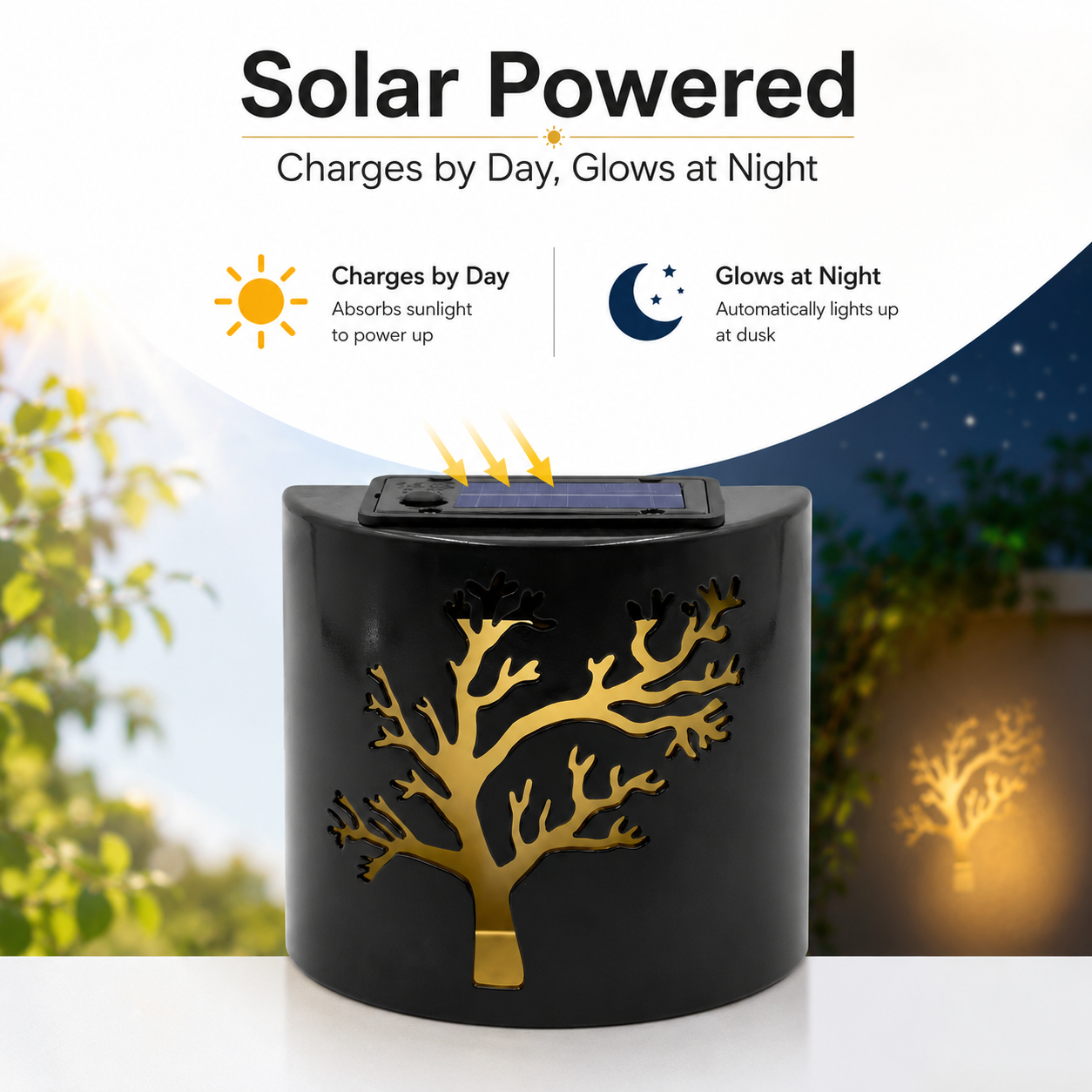 Black Solar Wall Light with Tree Cutout Design