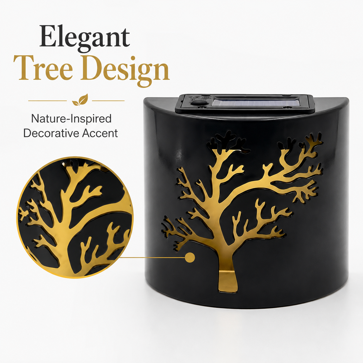 Black Solar Wall Light with Tree Cutout Design