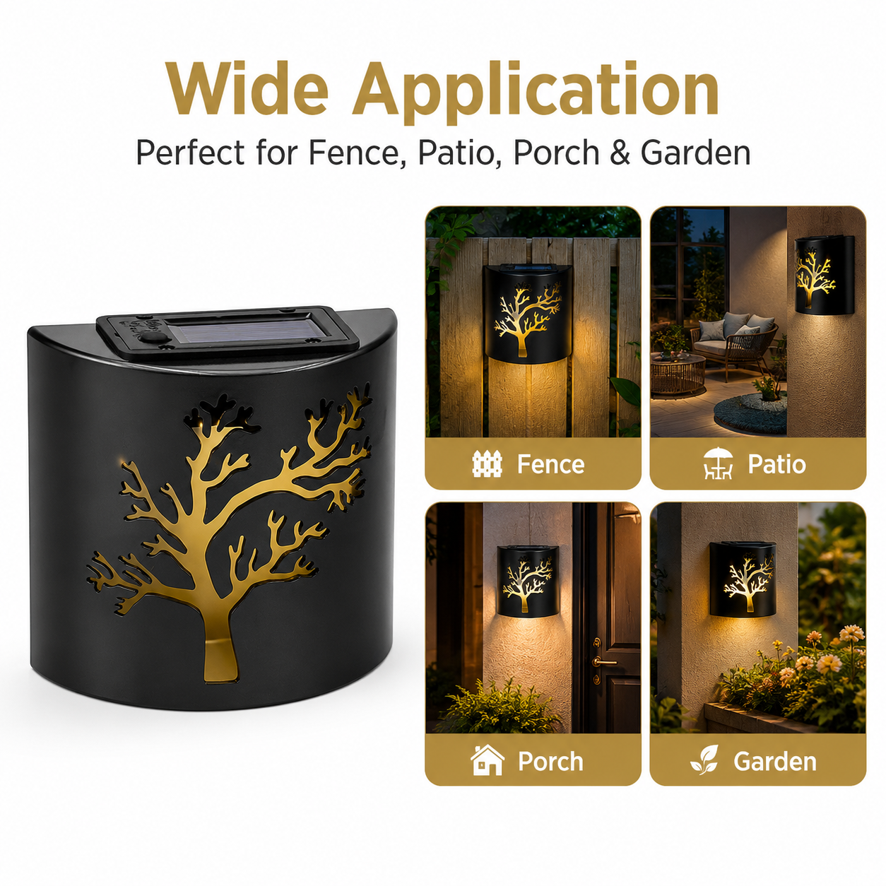 Black Solar Wall Light with Tree Cutout Design