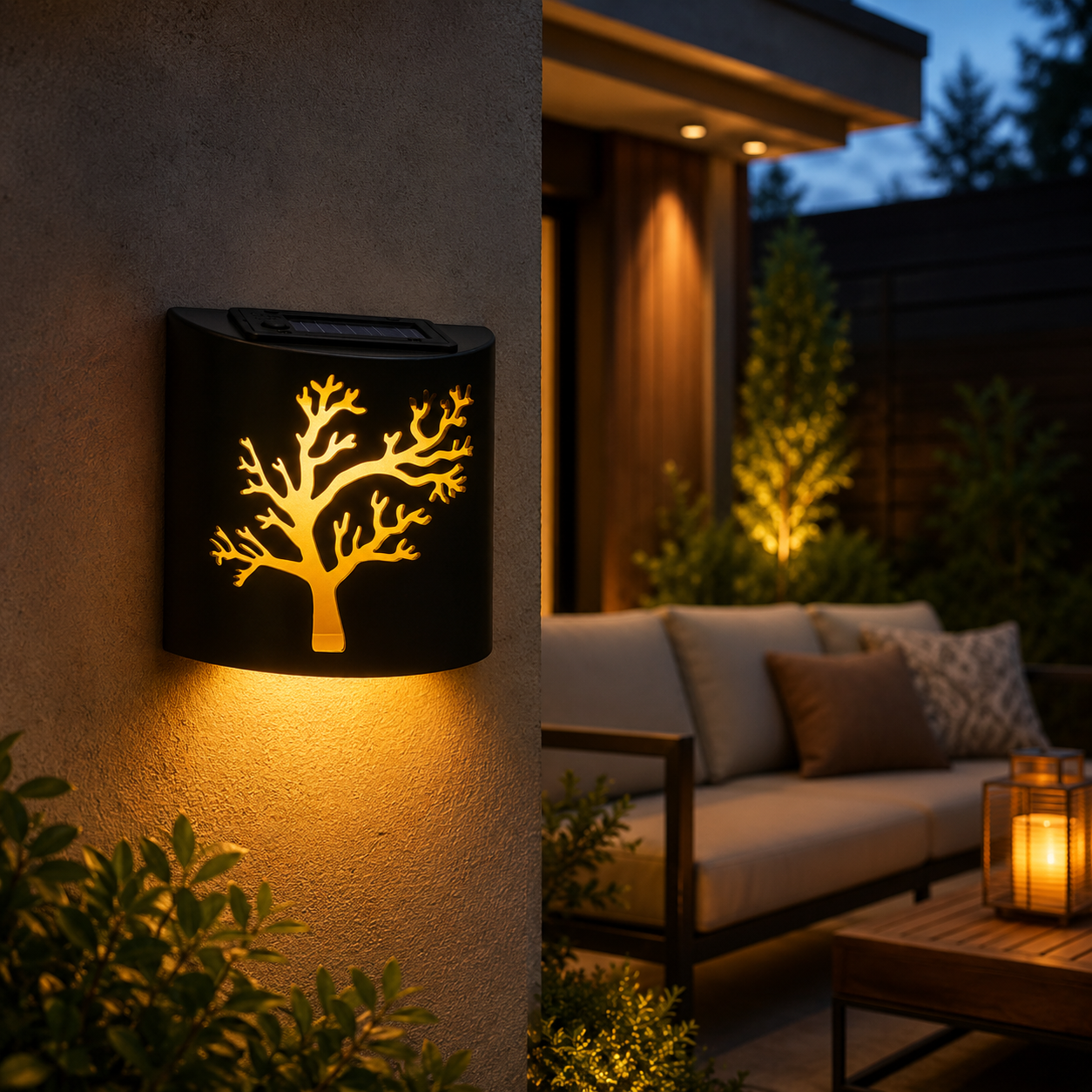 Black Solar Wall Light with Tree Cutout Design